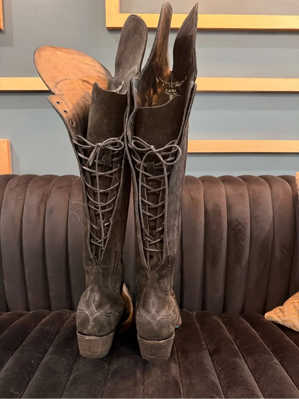 Black Over-the-Knee Western-Inspired Boots with Lace Back